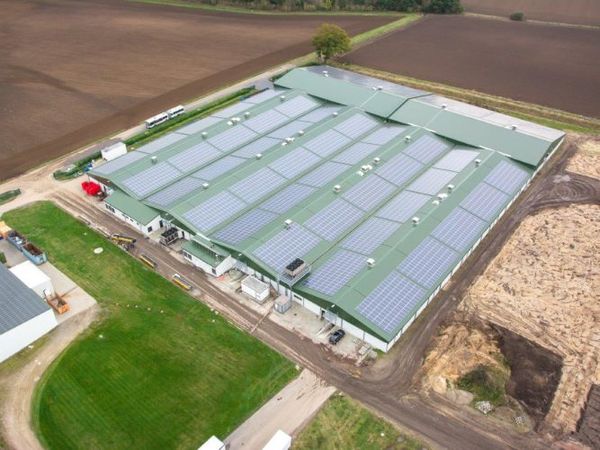 Große Industriehalle mit Photovoltaikanlage auf dem Dach zur nachhaltigen Stromerzeugung.